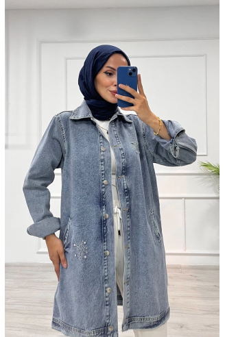 Taşlı tunik ceket kar yıkama orta mavi d2516