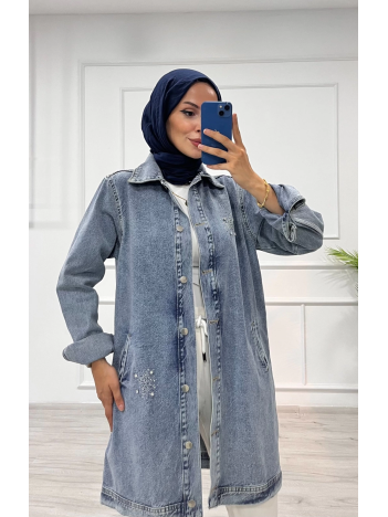 Taşlı tunik ceket kar yıkama orta mavi d2516 Taşlı tunik ceket kar yıkama orta mavi d2516