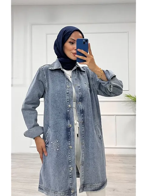 Taşlı Tunik Ceket Kar Yıkama Orta Mavi D2516