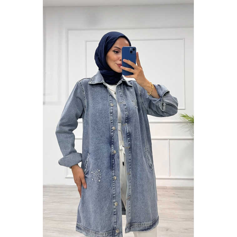Taşlı tunik ceket kar yıkama orta mavi d2516 Taşlı tunik ceket kar yıkama orta mavi d2516