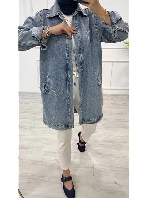 Taşlı Tunik Ceket Kar Yıkama Orta Mavi D2516