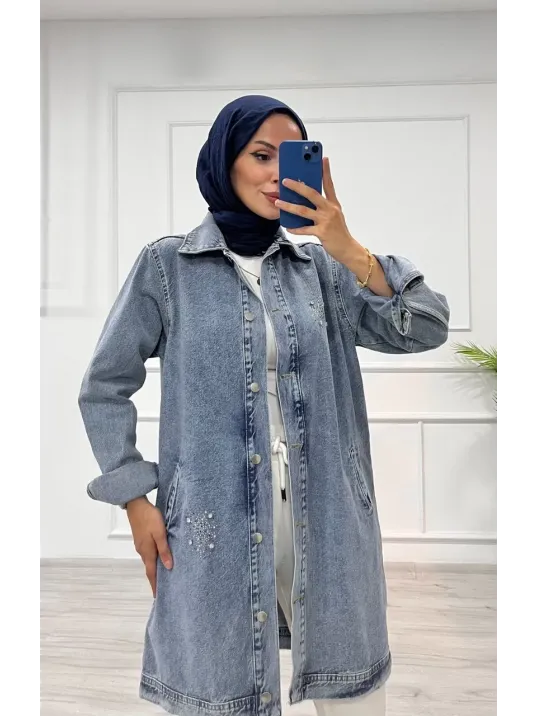 Taşlı Tunik Ceket Kar Yıkamalı Mavi D2516 Taşlı Tunik Ceket Kar Yıkamalı Mavi D2516