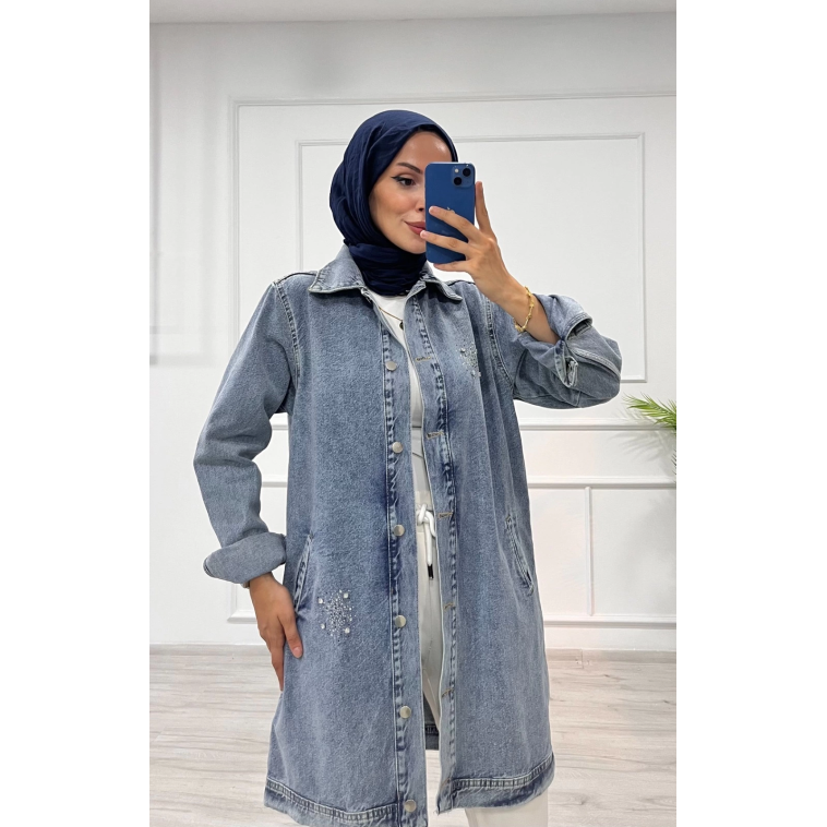 Taşlı tunik ceket kar yıkamalı mavi d2516 Taşlı tunik ceket kar yıkamalı mavi d2516