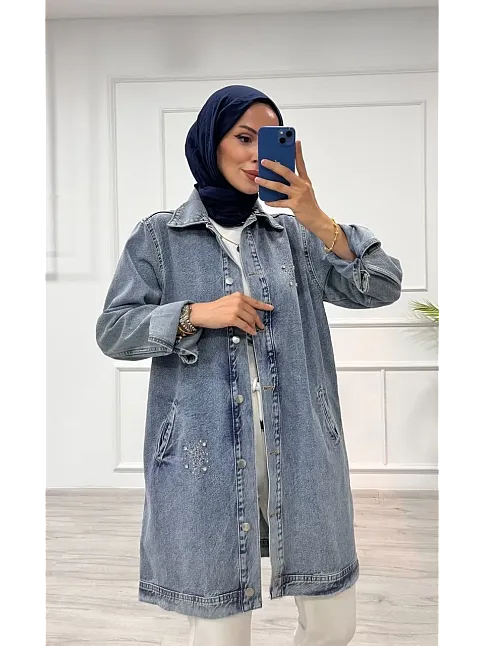 Taşlı Tunik Ceket Kar Yıkamalı Mavi D2516