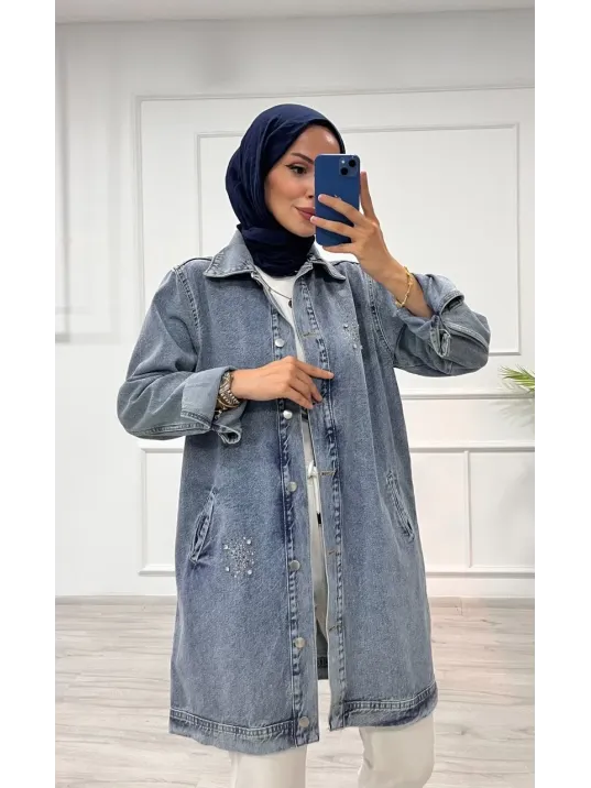 Taşlı Tunik Ceket Kar Yıkamalı Mavi D2516 Taşlı Tunik Ceket Kar Yıkamalı Mavi D2516