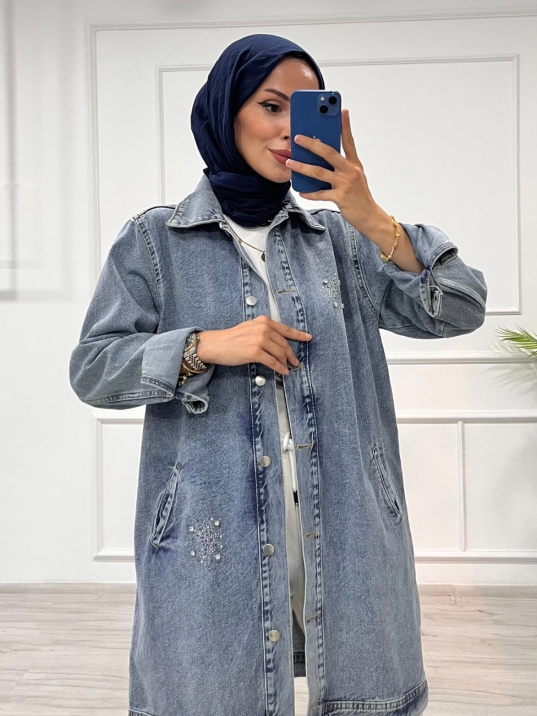Taşlı tunik ceket kar yıkamalı mavi d2516 Taşlı tunik ceket kar yıkamalı mavi d2516
