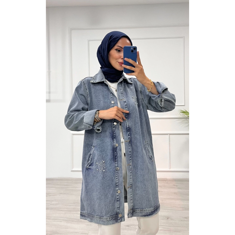 Taşlı tunik ceket kar yıkamalı mavi d2516 Taşlı tunik ceket kar yıkamalı mavi d2516