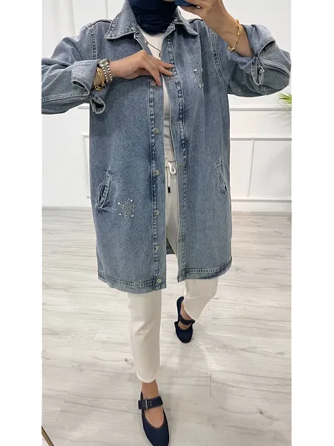 Taşlı Tunik Ceket Kar Yıkamalı Mavi D2516