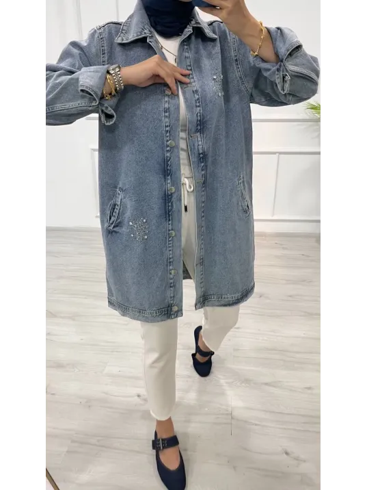 Taşlı Tunik Ceket Kar Yıkamalı Mavi D2516 Taşlı Tunik Ceket Kar Yıkamalı Mavi D2516