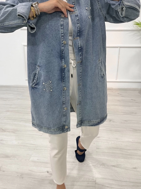 Taşlı tunik ceket kar yıkamalı mavi d2516 Taşlı tunik ceket kar yıkamalı mavi d2516