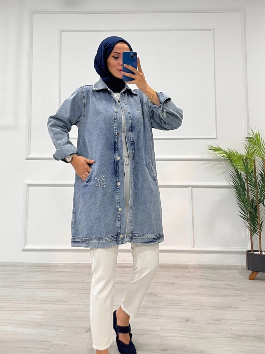 Taşlı tunik ceket kar yıkamalı mavi d2516 Taşlı tunik ceket kar yıkamalı mavi d2516