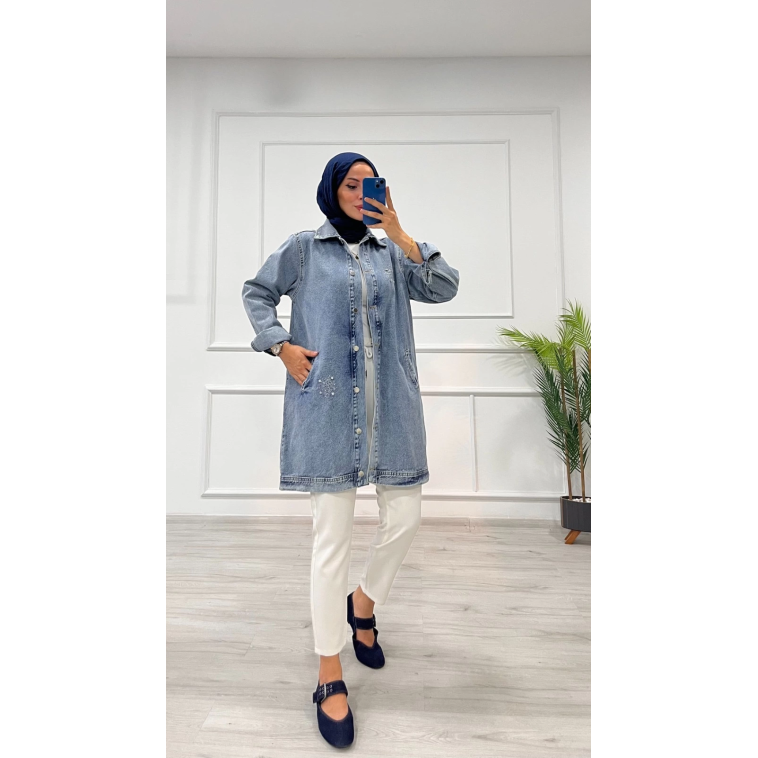 Taşlı tunik ceket kar yıkamalı mavi d2516 Taşlı tunik ceket kar yıkamalı mavi d2516