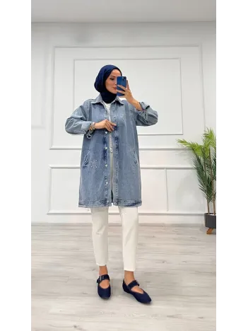 Taşlı Tunik Ceket Kar Yıkamalı Mavi D2516