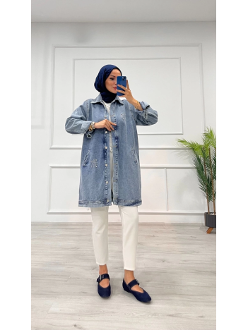 Taşlı tunik ceket kar yıkamalı mavi d2516 Taşlı tunik ceket kar yıkamalı mavi d2516