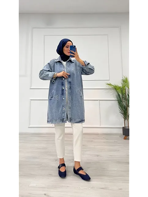 Taşlı Tunik Ceket Kar Yıkamalı Mavi D2516