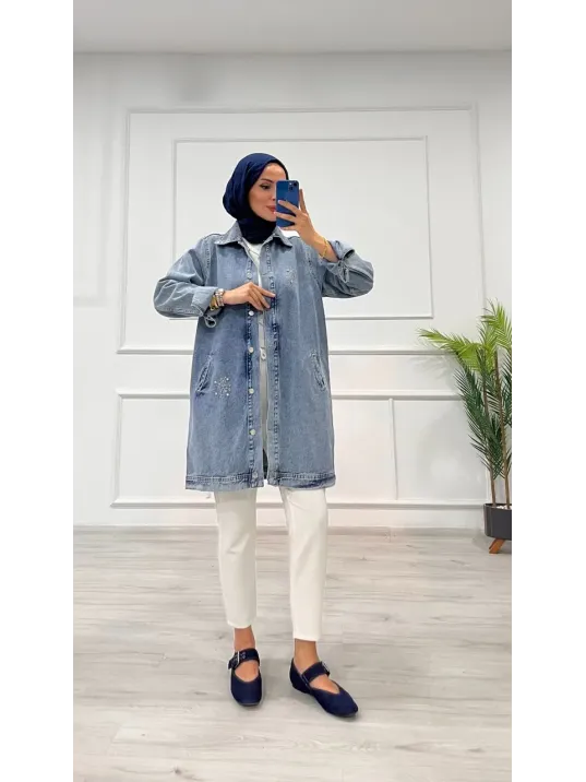 Taşlı Tunik Ceket Kar Yıkamalı Mavi D2516 Taşlı Tunik Ceket Kar Yıkamalı Mavi D2516
