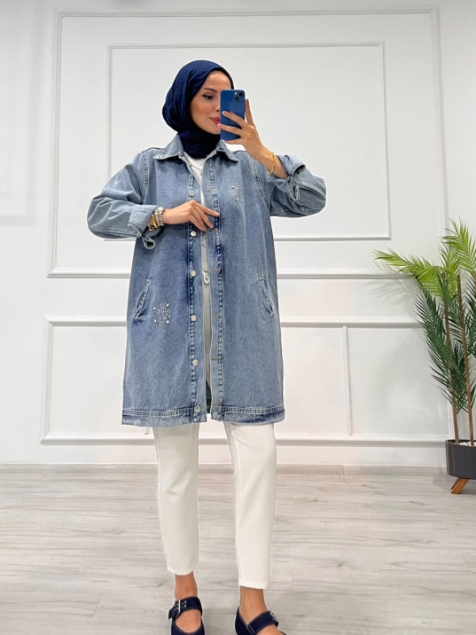 Taşlı tunik ceket kar yıkamalı mavi d2516 Taşlı tunik ceket kar yıkamalı mavi d2516