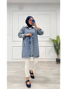 Taşlı Tunik Ceket Kar Yıkamalı Mavi D2516