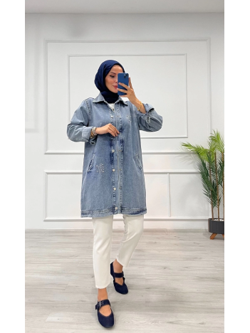 Taşlı tunik ceket kar yıkamalı mavi d2516 Taşlı tunik ceket kar yıkamalı mavi d2516