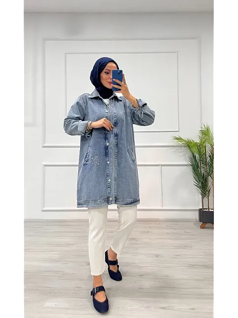 Taşlı Tunik Ceket Kar Yıkamalı Mavi D2516