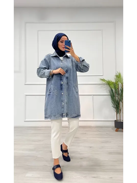 Taşlı Tunik Ceket Kar Yıkamalı Mavi D2516 Taşlı Tunik Ceket Kar Yıkamalı Mavi D2516