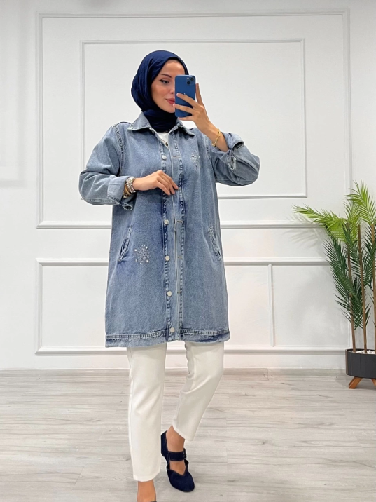 Taşlı tunik ceket kar yıkamalı mavi d2516 Taşlı tunik ceket kar yıkamalı mavi d2516