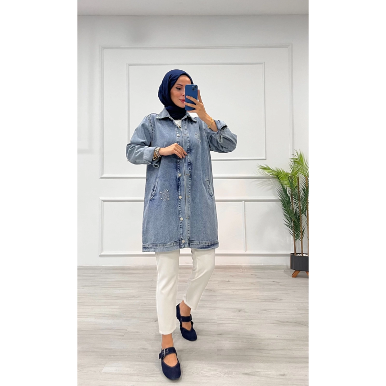 Taşlı tunik ceket kar yıkamalı mavi d2516 Taşlı tunik ceket kar yıkamalı mavi d2516