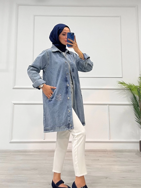 Taşlı tunik ceket kar yıkamalı mavi d2516 Taşlı tunik ceket kar yıkamalı mavi d2516
