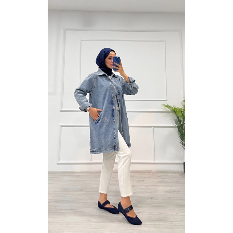 Taşlı tunik ceket kar yıkamalı mavi d2516 Taşlı tunik ceket kar yıkamalı mavi d2516