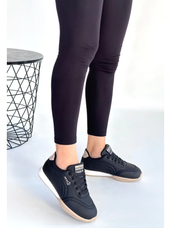 Tawen Siyah Cilt Bej Tabanlı Bağcıklı Spor Ayakkabı