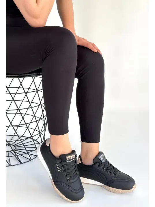 Tawen Siyah Cilt Bej Tabanlı Bağcıklı Spor Ayakkabı Tawen Siyah Cilt Bej Tabanlı Bağcıklı Spor Ayakkabı