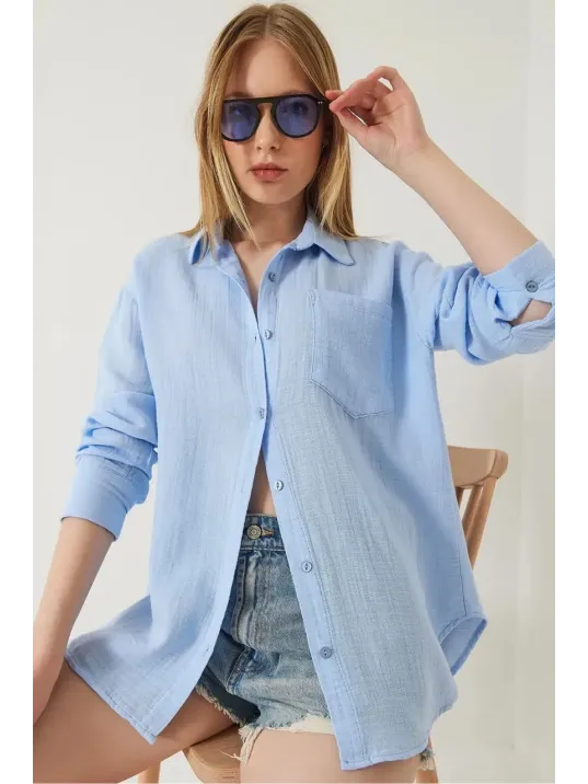 Tek Cepli Müslin Gömlek Mavi Pt