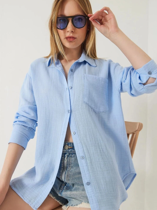 Tek Cepli Müslin Gömlek Mavi Pt Tek Cepli Müslin Gömlek Mavi Pt