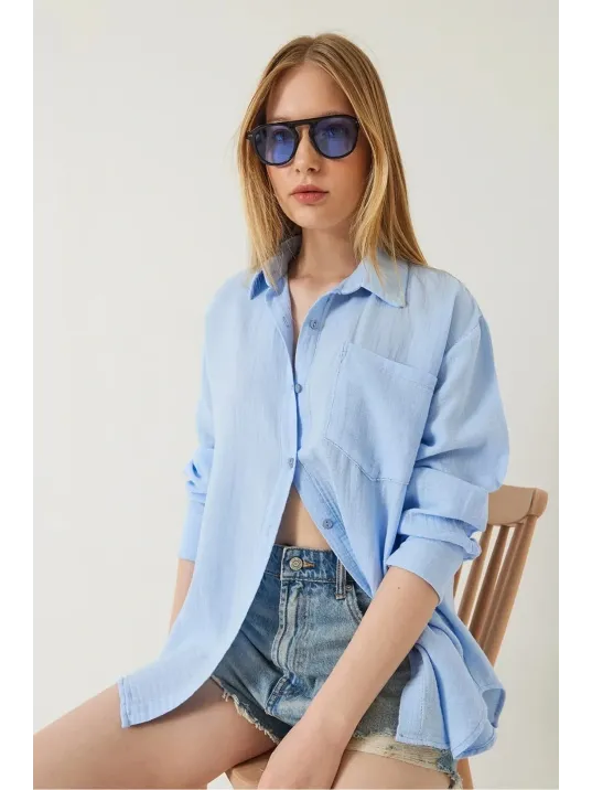 Tek Cepli Müslin Gömlek Mavi Pt