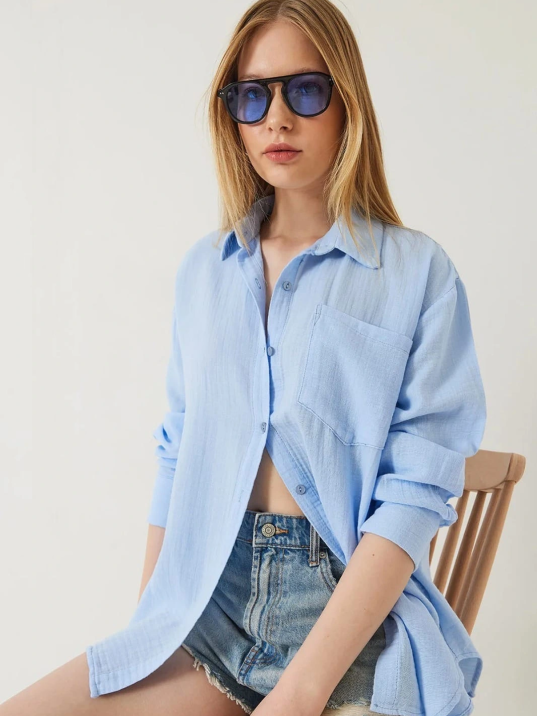 Tek Cepli Müslin Gömlek Mavi Pt Tek Cepli Müslin Gömlek Mavi Pt