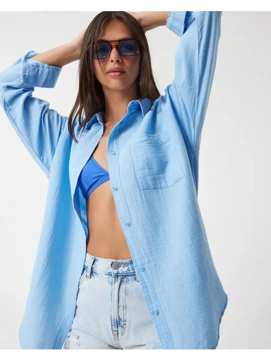 Tek Cepli Müslin Gömlek Mavi Pt
