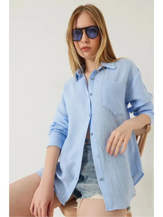 Tek Cepli Müslin Gömlek Mavi Pt
