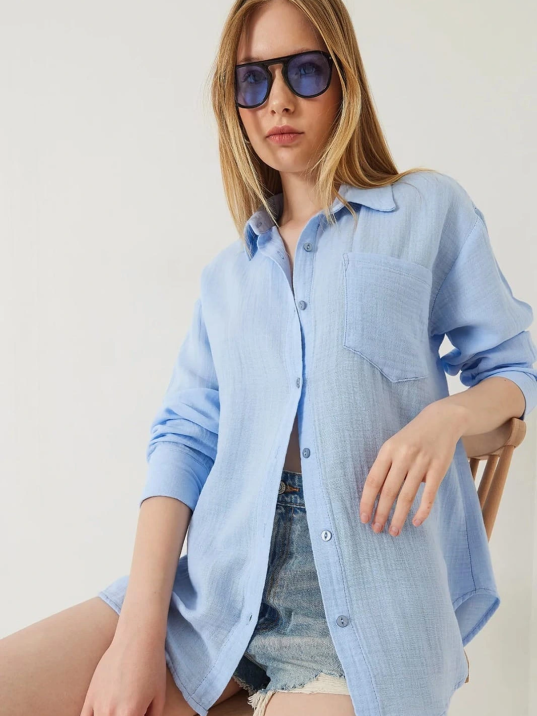 Tek Cepli Müslin Gömlek Mavi Pt Tek Cepli Müslin Gömlek Mavi Pt