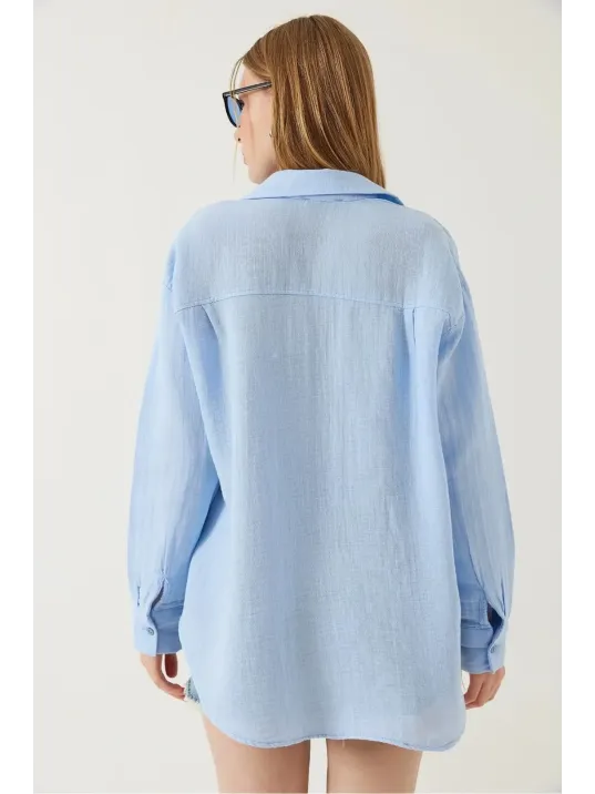Tek Cepli Müslin Gömlek Mavi Pt