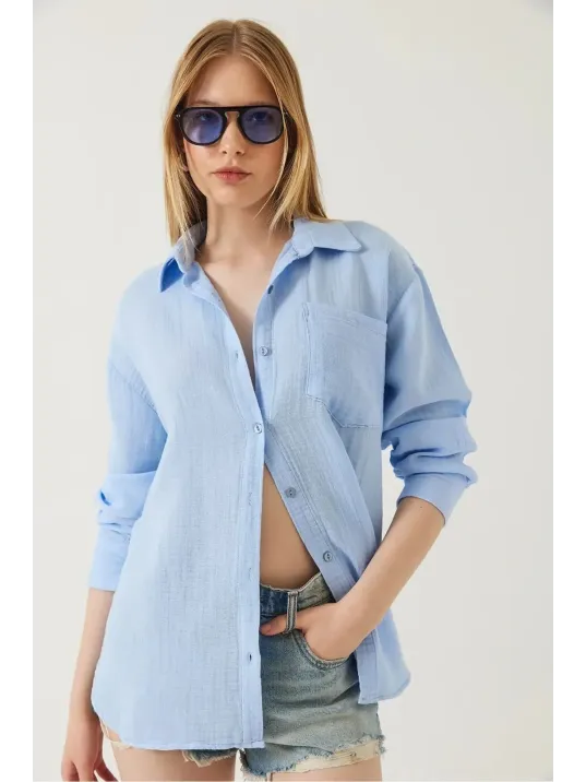 Tek Cepli Müslin Gömlek Mavi Pt Tek Cepli Müslin Gömlek Mavi Pt