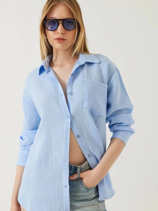 Tek Cepli Müslin Gömlek Mavi Pt Tek Cepli Müslin Gömlek Mavi Pt