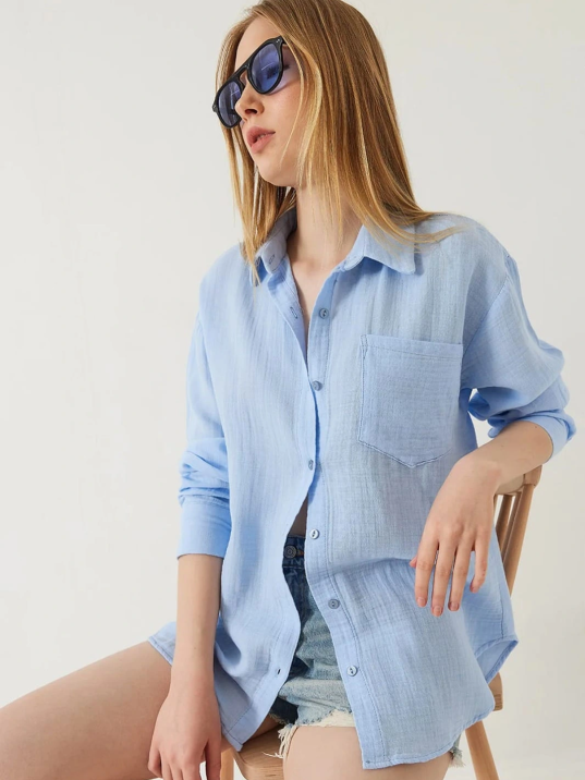 Tek Cepli Müslin Gömlek Mavi Pt Tek Cepli Müslin Gömlek Mavi Pt