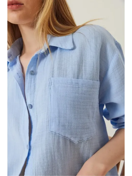 Tek Cepli Müslin Gömlek Mavi Pt
