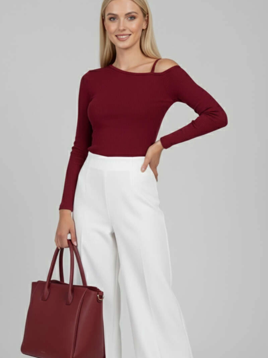 Tek Omuz İpli Bluz Bordo t4328 Tek Omuz İpli Bluz Bordo t4328