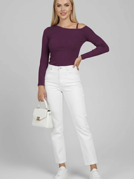 Tek Omuz İpli Bluz Mürdüm T4328 Tek Omuz İpli Bluz Mürdüm T4328