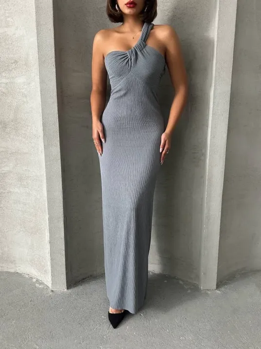 Tek Omuz Pliseli Elbise