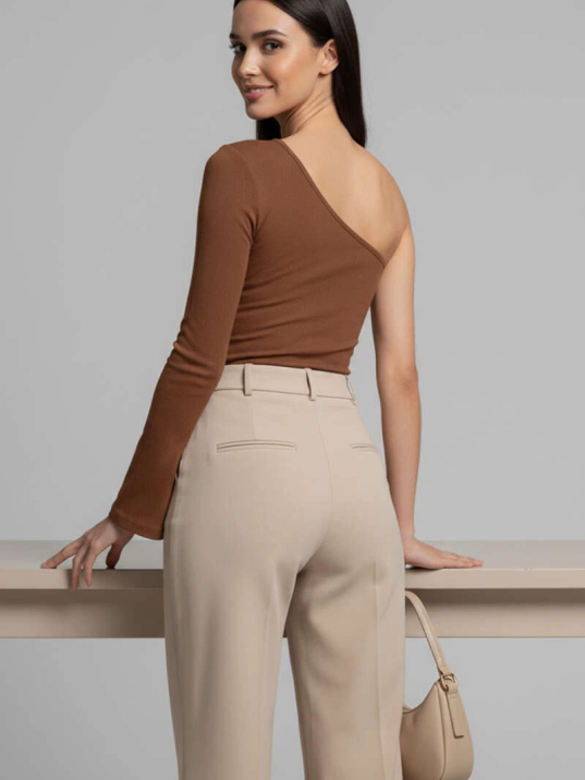 Tek Omuzlu Basic Bluz kahve T4275 Tek Omuzlu Basic Bluz kahve T4275