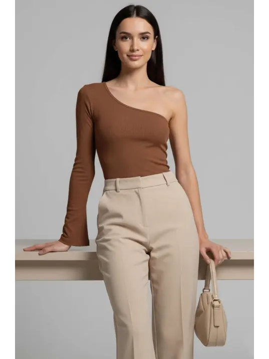 Tek Omuzlu Basic Bluz Kahve T4275