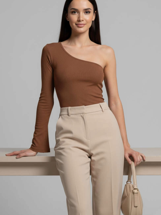 Tek Omuzlu Basic Bluz kahve T4275 Tek Omuzlu Basic Bluz kahve T4275