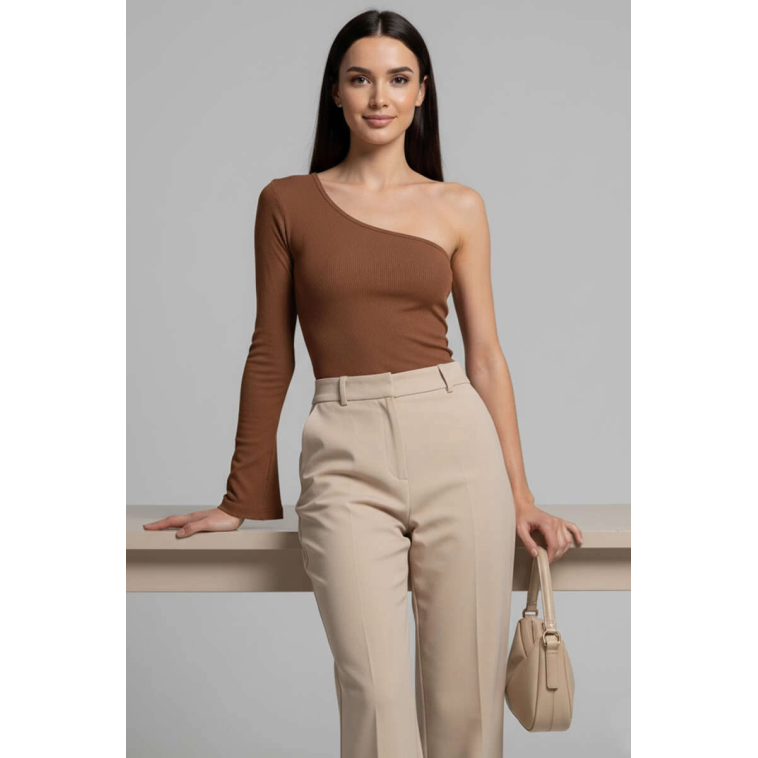 Tek Omuzlu Basic Bluz kahve T4275 Tek Omuzlu Basic Bluz kahve T4275